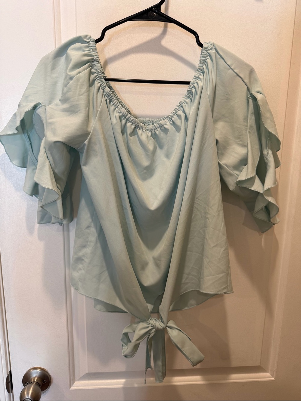 SHEIN Mint Green Ruffle Sleeve Tie-Front Blouse